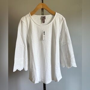 Chico's ..TOP LACED SCOOP NK 3QTR 3/4 SLV FASHION. 
SIZE:0
COLOR: ALABASTER